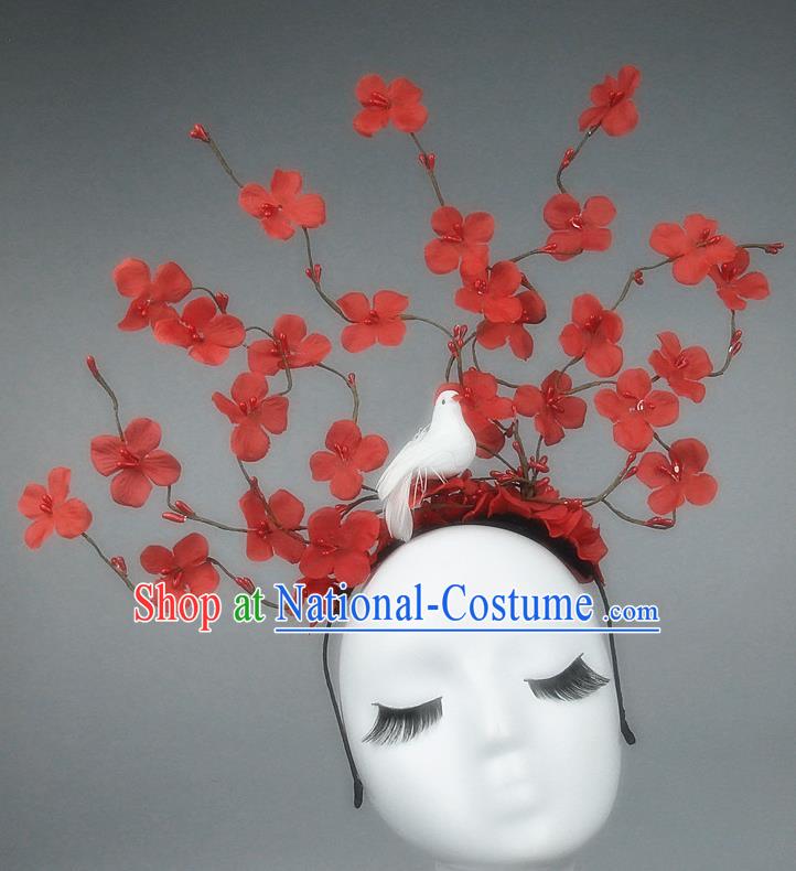 Asian China Red Flowers Hair Accessories Model Show Headdress, Halloween Ceremonial Occasions Miami Deluxe Headwear