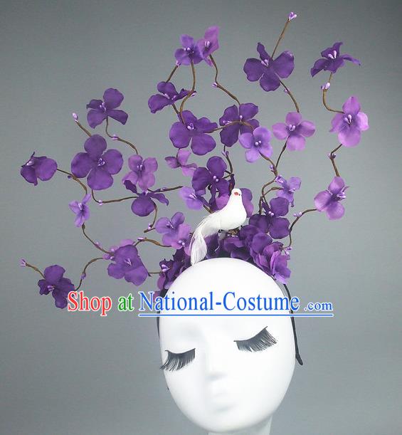 Asian China Purple Flowers Hair Accessories Model Show Headdress, Halloween Ceremonial Occasions Miami Deluxe Headwear