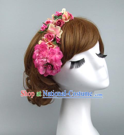 Traditional Handmade Chinese Classical Wedding Hair Accessories, Baroque Bride Pink Flowers Hair Clasp for Women