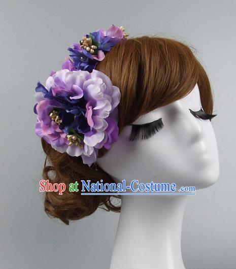 Traditional Handmade Chinese Classical Wedding Hair Accessories, Baroque Bride Purple Flowers Hair Clasp for Women