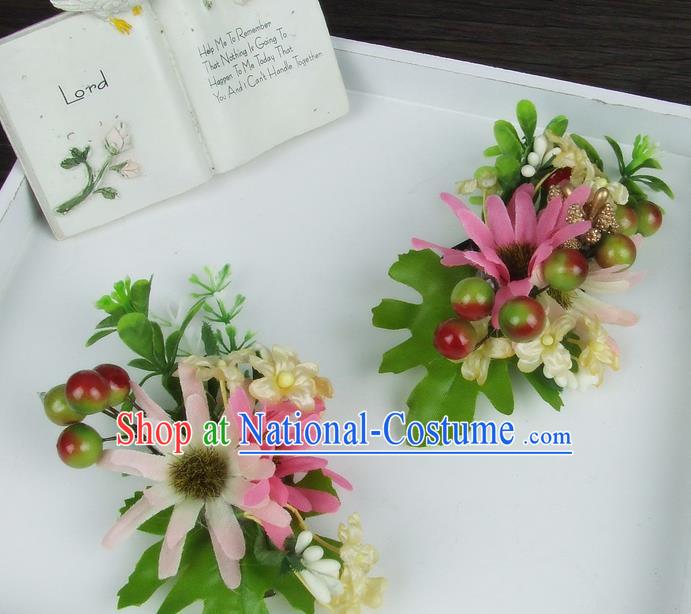 Asian China Wedding Bride Hair Accessories Pink Flower Hair Stick Baroque Headwear for Women