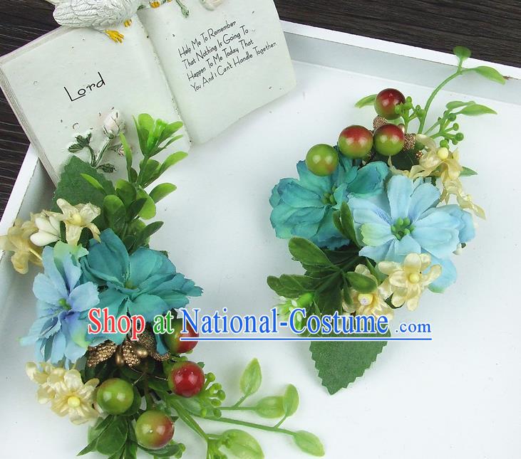 Asian China Wedding Bride Hair Accessories Blue Flower Hair Stick Baroque Headwear for Women