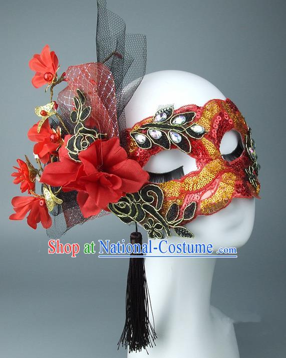 Asian China Exaggerate Fancy Ball Accessories Model Show Red Lace Mask, Halloween Ceremonial Occasions Miami Deluxe Face Mask