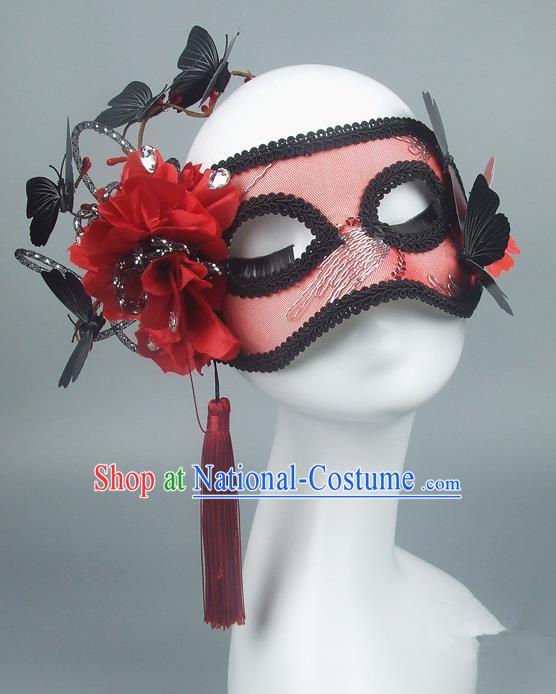 Asian China Exaggerate Fancy Ball Accessories Model Show Red Flower Mask, Halloween Ceremonial Occasions Miami Deluxe Face Mask