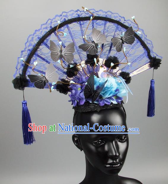 Traditional Handmade Chinese Ancient Hair Accessories, Qin Dynasty Queen Hat Blue Lace Headwear Hair Fascinators Tuinga for Women