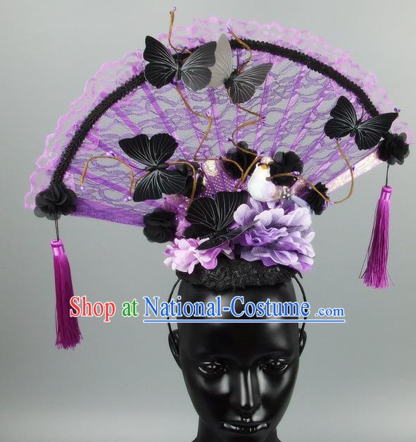 Traditional Handmade Chinese Ancient Hair Accessories, Qin Dynasty Queen Hat Purple Lace Headwear Hair Fascinators Tuinga for Women