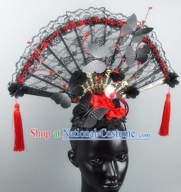 Traditional Handmade Chinese Ancient Hair Accessories, Qin Dynasty Queen Hat Black Lace Headwear Hair Fascinators Tuinga for Women