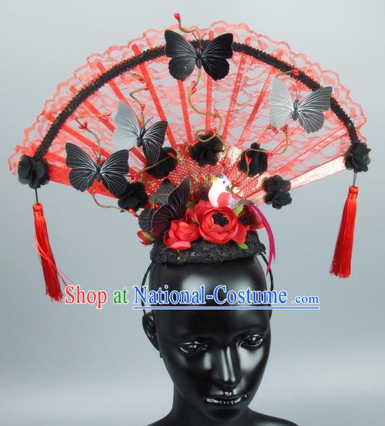 Traditional Handmade Chinese Ancient Hair Accessories, Qin Dynasty Queen Hat Red Lace Headwear Hair Fascinators Tuinga for Women