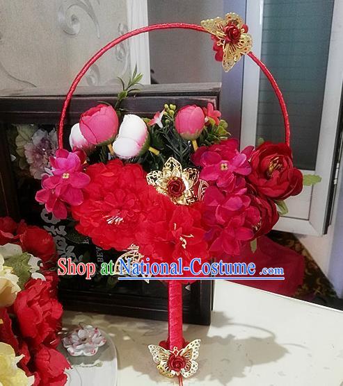 Traditional Handmade Chinese Ancient Wedding Catwalks Round Fans, Hanfu Palace Lady Bride Red Flowers Mandarin Fans for Women