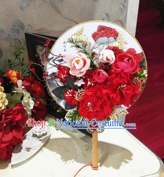 Traditional Handmade Chinese Ancient Wedding Round Fans, Hanfu Palace Lady Bride Mandarin Fans for Women