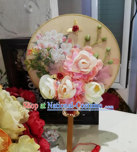 Traditional Handmade Chinese Ancient Wedding Round Fans, Hanfu Palace Lady Bride Champagne Flowers Mandarin Fans for Women