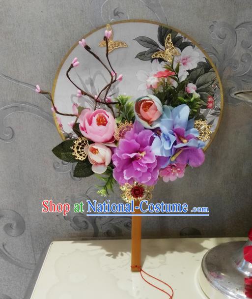 Traditional Handmade Chinese Ancient Wedding Round Fans, Hanfu Palace Lady Bride Pink Rose Flowers Mandarin Fans for Women