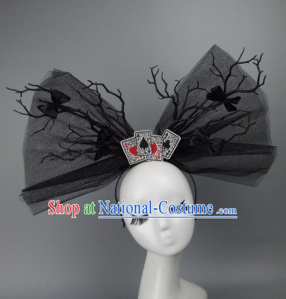 Asian China Classical Hair Accessories Model Show Black Veil Bowknot Headdress, Halloween Ceremonial Occasions Miami Deluxe Headwear