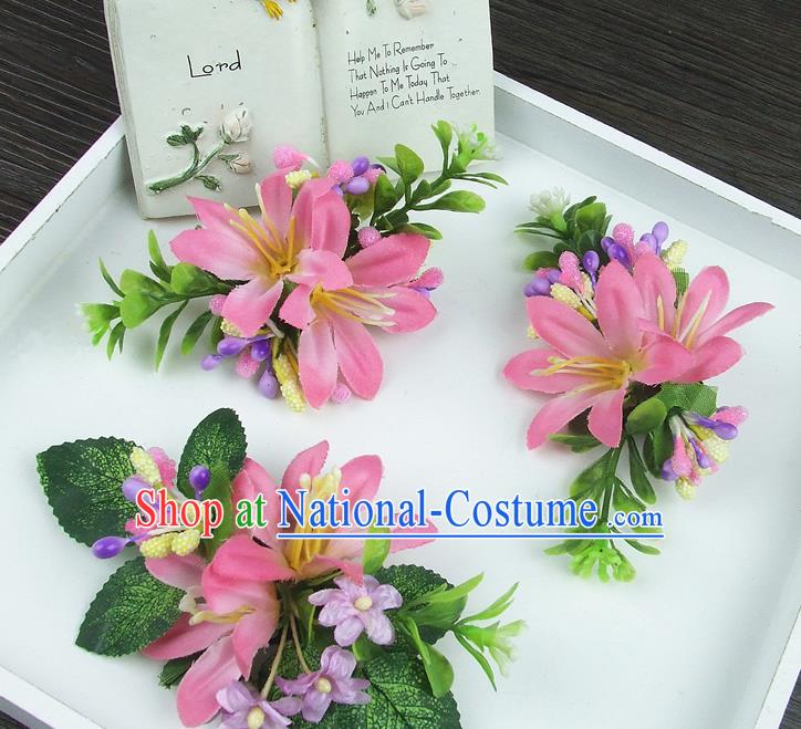 Asian China Wedding Bride Hair Accessories Pastoralism Pink Flower Hair Stick Baroque Headwear for Women