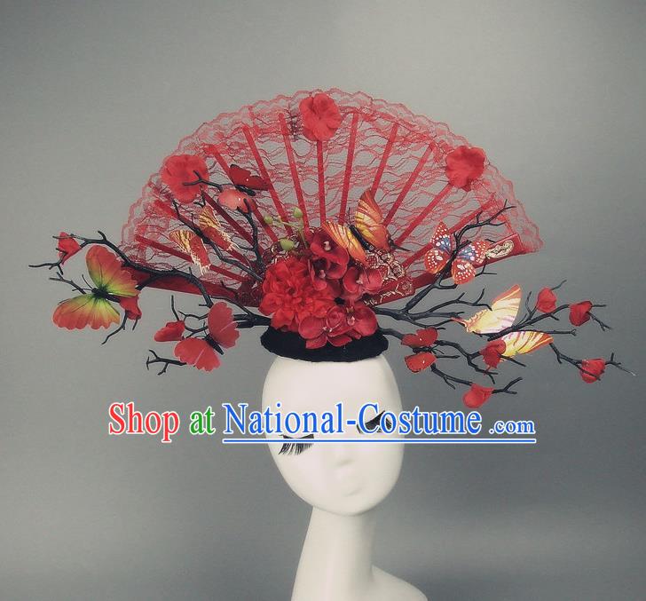 Traditional Handmade Chinese Ancient Hair Accessories, Qin Dynasty Red Lace Hat Headwear Model Show Headdress Tuinga for Women