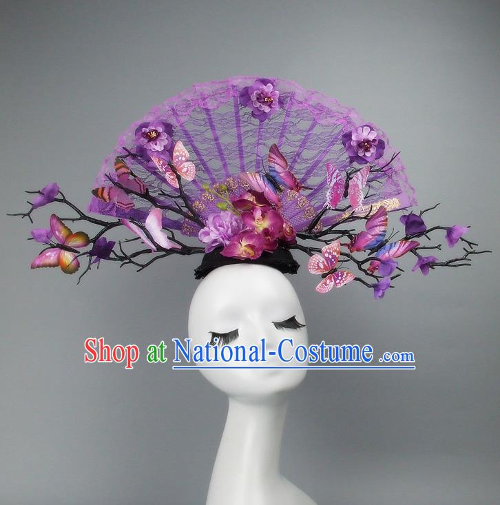 Traditional Handmade Chinese Ancient Hair Accessories, Qin Dynasty Purple Lace Hat Headwear Model Show Headdress Tuinga for Women