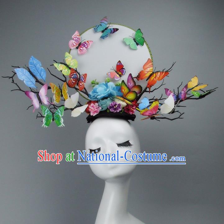 Traditional Handmade Chinese Ancient Hair Accessories, Qin Dynasty Butterfly Hat Headwear Model Show Headdress Tuinga for Women