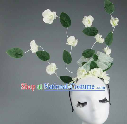 Asian China Exaggerate Hair Accessories Model Show White Flowers Headpiece, Halloween Ceremonial Occasions Miami Deluxe Headwear