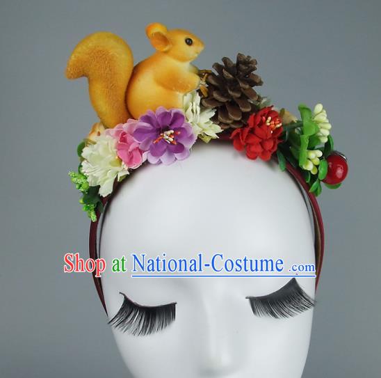 Asian China Exaggerate Hair Accessories Model Show Squirrel Flowers Headpiece, Halloween Ceremonial Occasions Miami Deluxe Headwear