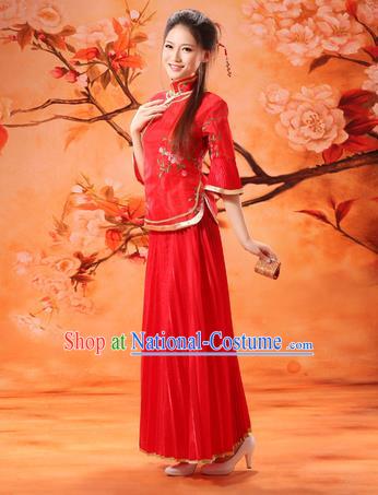 Traditional Ancient Chinese Manchu Nobility Lady Red Costume, Asian Chinese Qing Dynasty Embroidered Dress Clothing for Women