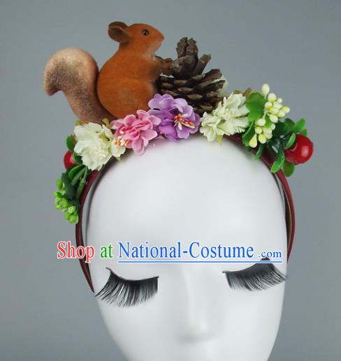 Asian China Exaggerate Hair Accessories Model Show Squirrel Flowers Headpiece, Halloween Ceremonial Occasions Miami Deluxe Headwear