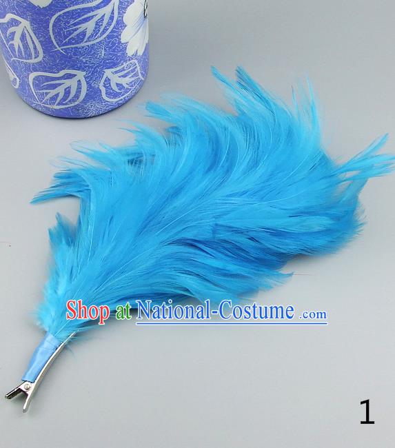 Top Grade Handmade Classical Hair Accessories Princess Blue Feather Bobby Pin, Baroque Style Wedding Bride Hair Claw for Women