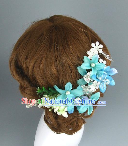 Top Grade Handmade Wedding Hair Accessories Blue Flowers Hair Clasp, Baroque Style Bride Hair Stick Headwear for Women