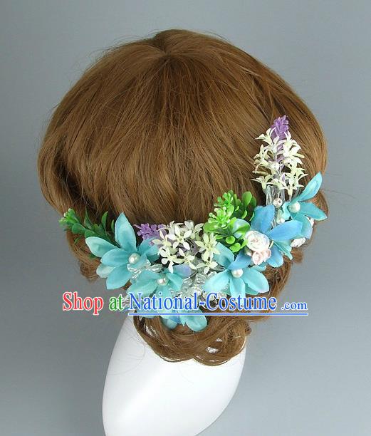 Top Grade Handmade Wedding Hair Accessories Blue Flowers Hair Clasp, Baroque Style Bride Hair Stick Headwear for Women