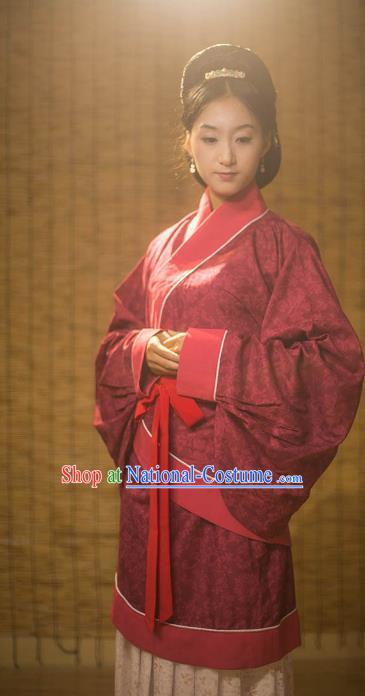 Traditional Chinese Han Dynasty Palace Lady Wedding Costume, Asian China Ancient Hanfu Red Curve Bottom Clothing for Women