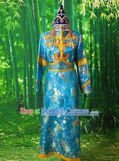 Traditional Chinese Mongol Nationality Dancing Costume, Mongols Female Folk Dance Robe Embroidery Clothing for Women