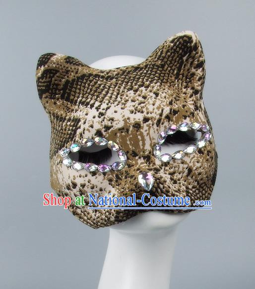 Handmade Exaggerate Fancy Ball Accessories Model Show Crystal Cat Mask, Halloween Ceremonial Occasions Face Mask