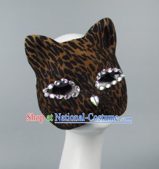 Handmade Exaggerate Fancy Ball Accessories Model Show Crystal Cat Coffee Mask, Halloween Ceremonial Occasions Face Mask