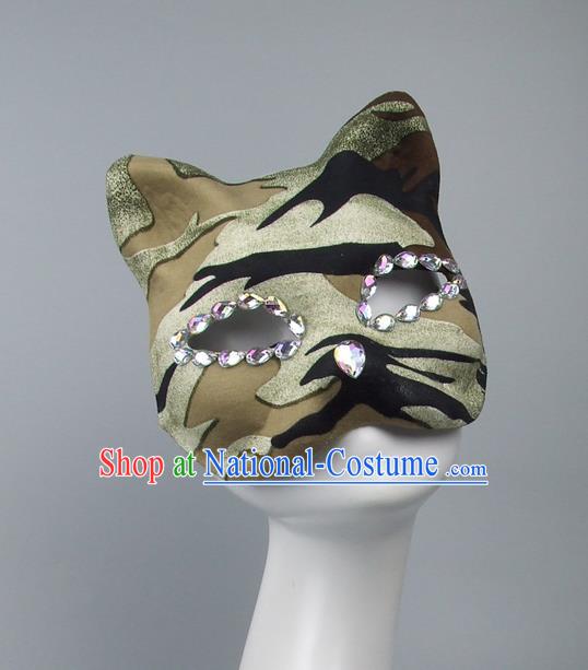 Handmade Exaggerate Fancy Ball Accessories Model Show Crystal Mask, Halloween Ceremonial Occasions Cat Face Mask