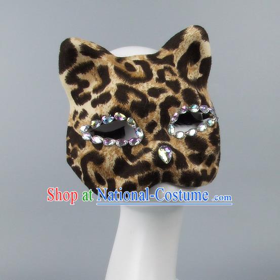 Handmade Exaggerate Fancy Ball Accessories Model Show Crystal Cat Coffee Mask, Halloween Ceremonial Occasions Face Mask