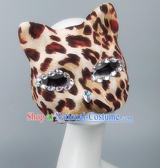 Handmade Exaggerate Fancy Ball Accessories Model Show Crystal Mask, Halloween Ceremonial Occasions Cat Face Mask