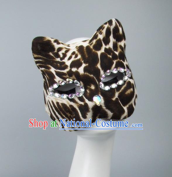 Handmade Exaggerate Fancy Ball Accessories Model Show Crystal Mask, Halloween Ceremonial Occasions Cat Face Mask