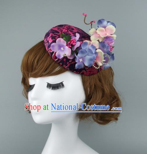 Top Grade Handmade Wedding Hair Accessories Model Show Purple Flowers Top Hat, Baroque Style Bride Deluxe Headwear for Women