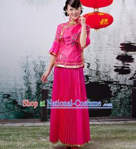 Traditional Ancient Chinese Manchu Nobility Lady Rosy Xiuhe Suit Costume, Asian Chinese Qing Dynasty Embroidered Dress Clothing for Women