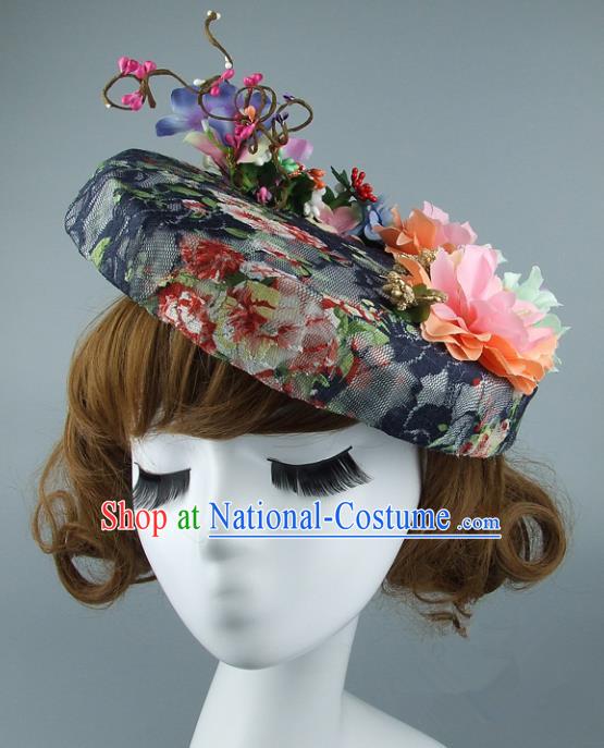 Top Grade Handmade Wedding Hair Accessories Model Show Flowers Top Hat, Baroque Style Bride Deluxe Headwear for Women