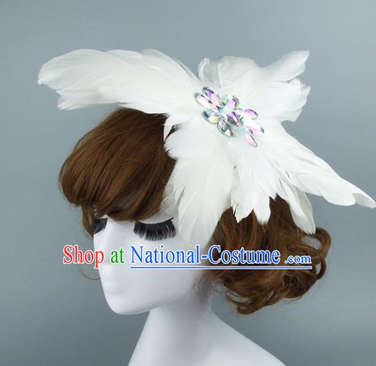 Top Grade Handmade Halloween Hair Accessories Model Show White Feather Hair Stick, Baroque Style Deluxe Headwear for Women