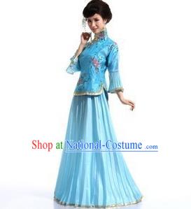 Traditional Ancient Chinese Manchu Nobility Lady Blue Xiuhe Suit Costume, Asian Chinese Qing Dynasty Embroidered Dress Clothing for Women