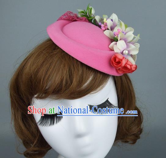 Top Grade Handmade Fancy Ball Hair Accessories Model Show Pink Top Hat, Baroque Style Deluxe Headwear for Women