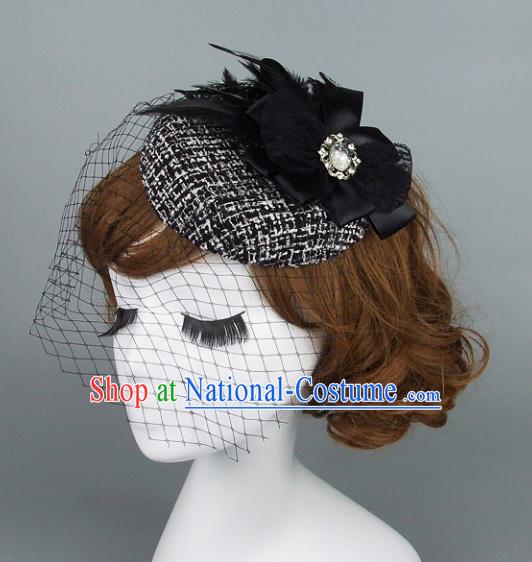 Top Grade Handmade Fancy Ball Hair Accessories Model Show Black Feather Top Hat, Baroque Style Deluxe Headwear for Women