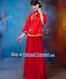 Traditional Ancient Chinese Manchu Nobility Lady Red Xiuhe Suit Costume, Asian Chinese Qing Dynasty Embroidered Dress Clothing for Women