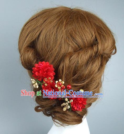 Top Grade Handmade Wedding Hair Accessories Red Flowers Hair Stick, Baroque Style Bride Headwear for Women