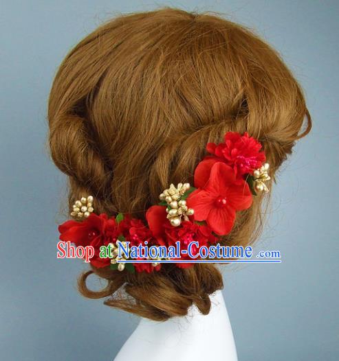 Top Grade Handmade Wedding Hair Accessories Model Show Red Flowers Headdress, Baroque Style Deluxe Headwear for Women