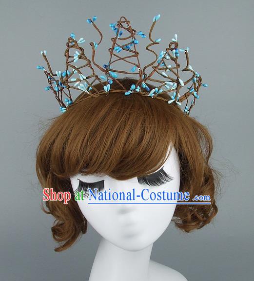 Top Grade Handmade Wedding Hair Accessories Model Show Rattan Plaited Blue Royal Crown, Baroque Style Bride Deluxe Headwear for Women