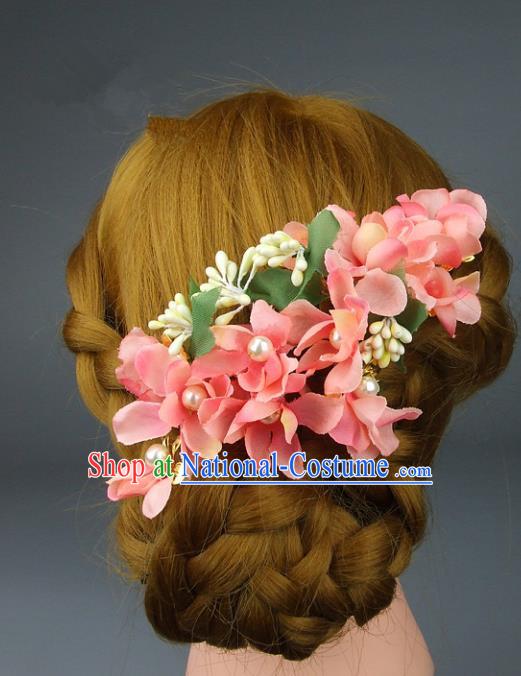 Top Grade Handmade Wedding Hair Accessories Pink Flowers Headpiece, Baroque Style Bride Headwear for Women