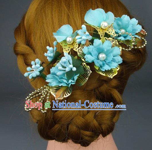 Top Grade Handmade Wedding Hair Accessories Blue Silk Flowers Hair Stick, Baroque Style Bride Headwear for Women