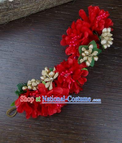 Top Grade Handmade Wedding Hair Accessories Red Flowers Hair Stick Headpiece, Baroque Style Bride Headwear for Women